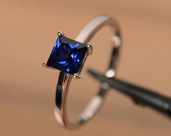 blue sapphire ring sterling silver solitaire ring gemstone ring sapphire princess cut ring august birthstone ring