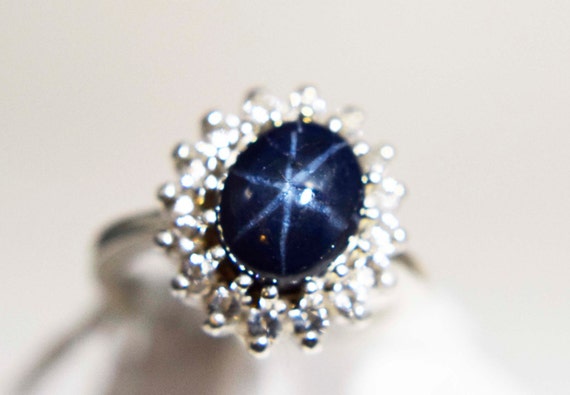 Genuine Blue Star Sapphire Ring with Halo