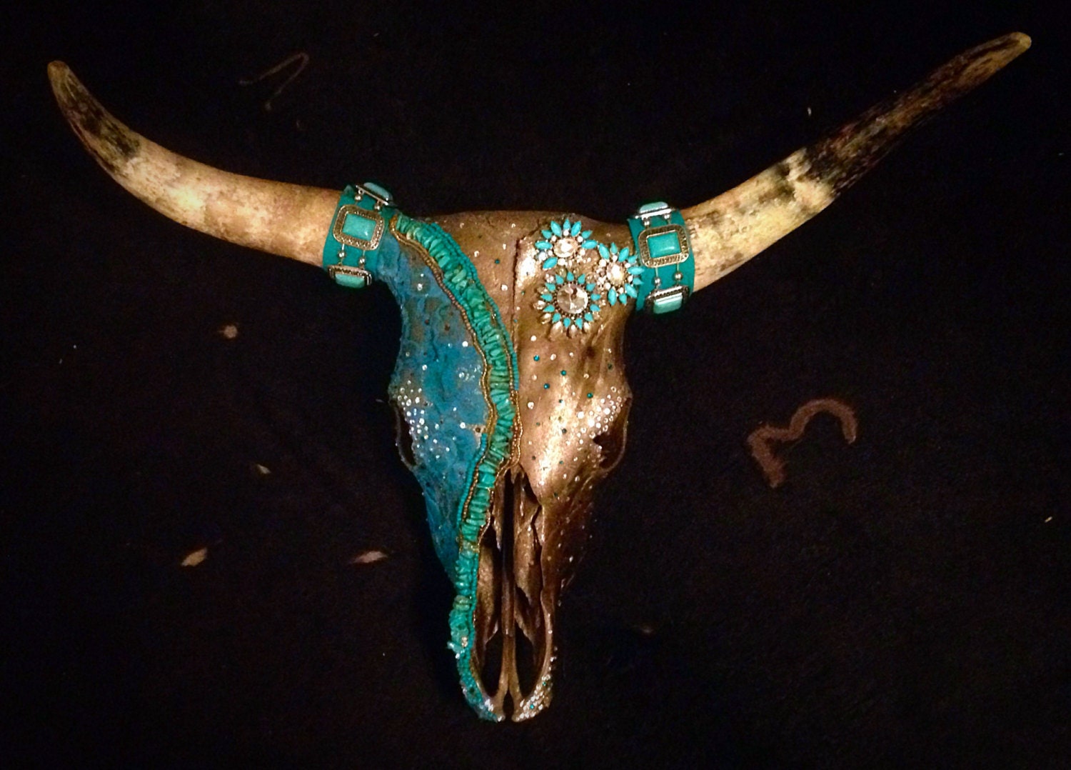 Turquoise Lace and Rhinestone Cow Skull