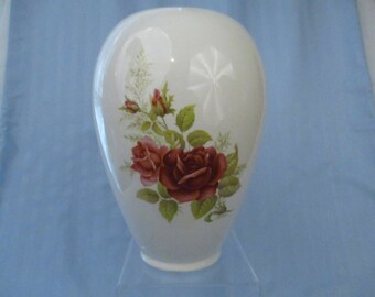 Transferware, Vintage Handmade Ceramic Vase Red Roses