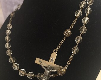 SALE Antique Silver Plated Italian Rosary Beads,Crystals,Silver Filagree Overlay,The Five Glorious Mysteries, Mary,1920's, NY Estate.