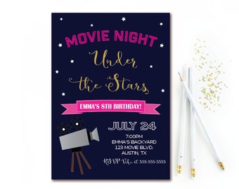 Movie Night Birthday Invitation - Under the Stars Outdoor Movie Party - Backyard Movie Birthday Invite - Girl Movie Printable Invitation