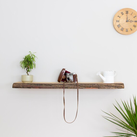Bark Edge Floating Oak Shelf 1.0m Wide Solid Oak Wooden