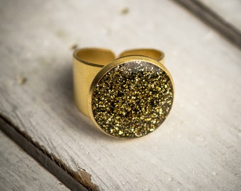 Gold ring, gold black ring, resin ring, glitter ring, gift under 50, women ring.