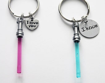 Graduation gift. I Love You.. I Know. COUPLES KEYCHAIN SET.Valentines gift. Pink And Blue Lightsabers, Star Wars lightsaber, star wars,