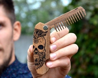 Gift for Boyfriend Friend Sugar Skull Beard Hair Comb Engraved Beard Brush Men Grooming kit Stag Party Bachelor Gift for Guy Brother