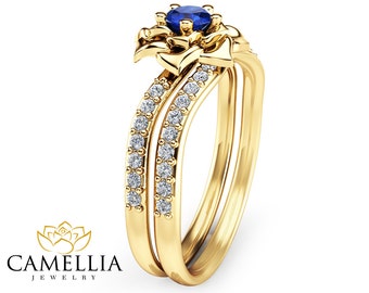Natural Blue Sapphire Engagement Ring Set 14K Yellow Gold Wedding Set Flower Styled Sapphire Bridal Set Unique Engagement Rings