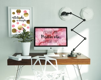 Positive vibes, Desktop wallpaper, Computer background, Digital wallpaper, Instant download, pink and black, Laptop wallpaper