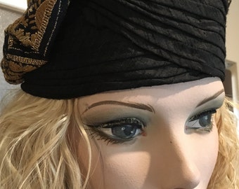 Vintage Beret Style Hat-Turban Black Gold Lame-1970's Hat-1920s Turban-Gypsy Hat-Festival-Stevie Nicks-Australia