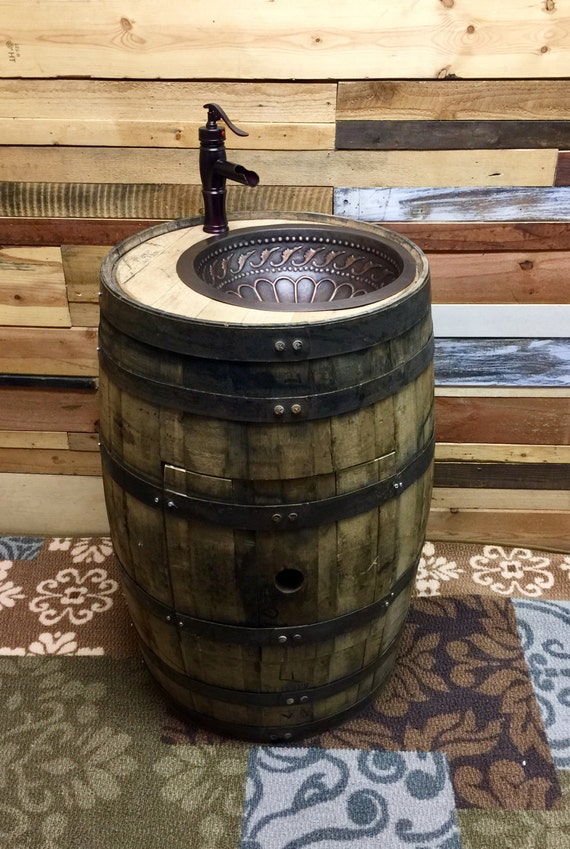 Aged Oak Whiskey Barrel Copper Sink Vanity by CustomBarrelDecor