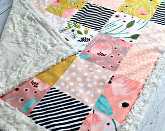Baby Blanket - Designer Minky - Faux Patchwork Boho Quilt - Ivory