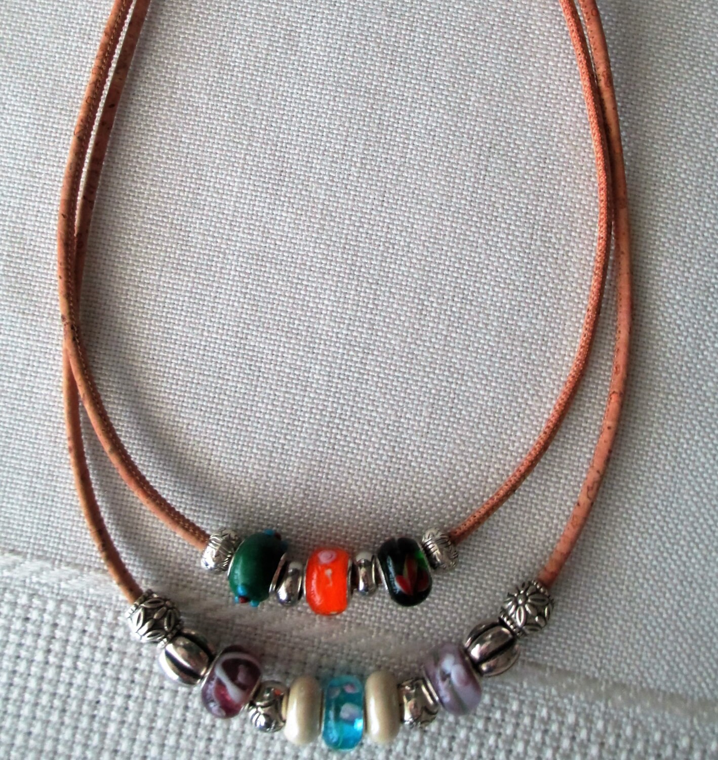 Cork necklace with glass and metal beads by InnerFeeling on Etsy