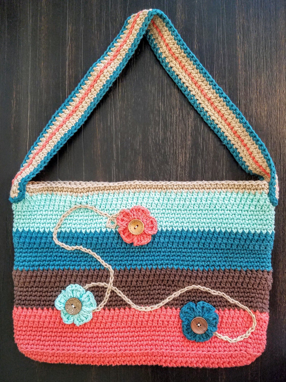 Crocheted Striped Cotton Shoulder Bag with Floral Accents