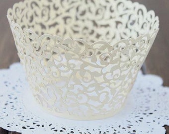 Cupcake Wrapper | White Pearl Lace Cupcake Liner | Filigree Decorations Wedding Cake Wraps | Party Baby Shower Birthday (12pcs)