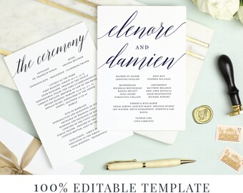 Wedding Program Template, Printable Flat Program, Double Sided, Word or Pages, Mac or PC, Modern Calligraphy, Instant DOWNLOAD