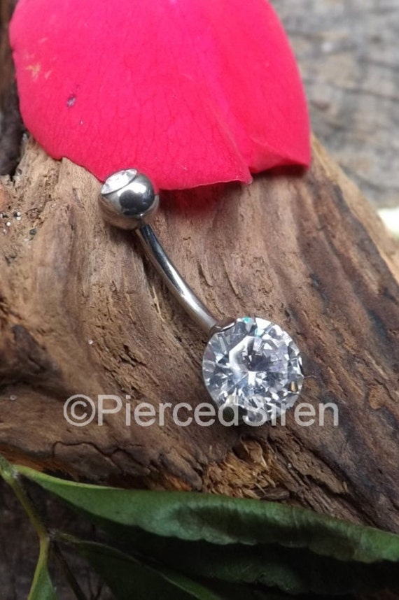 Large gemstone belly button ring 14g 3/8" silver stainless steel prong