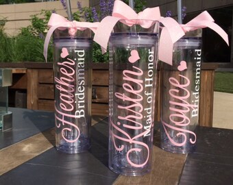 Bridesmaid Gift Water Bottle, Skinny Personalized Tumbler, Wedding Party Acrylic Water Bottle Tumbler, Personal Bridal Party Favor