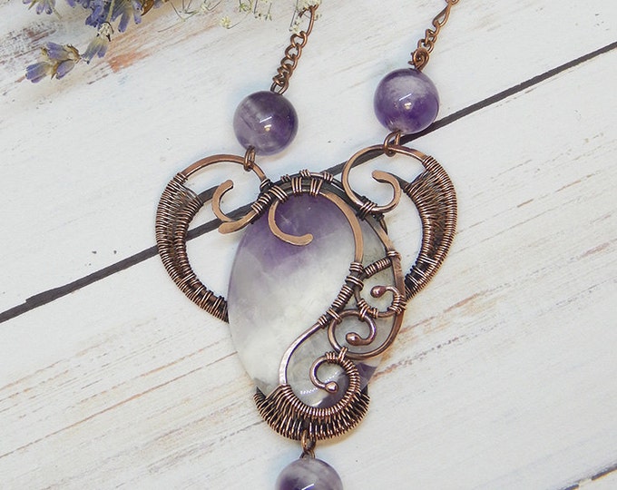Amethyst pendant, Copper wire wrap, Romantic gift for her Saint Valentine, Boho style, heart-shaped, Natural stone Ooak, Birthstone
