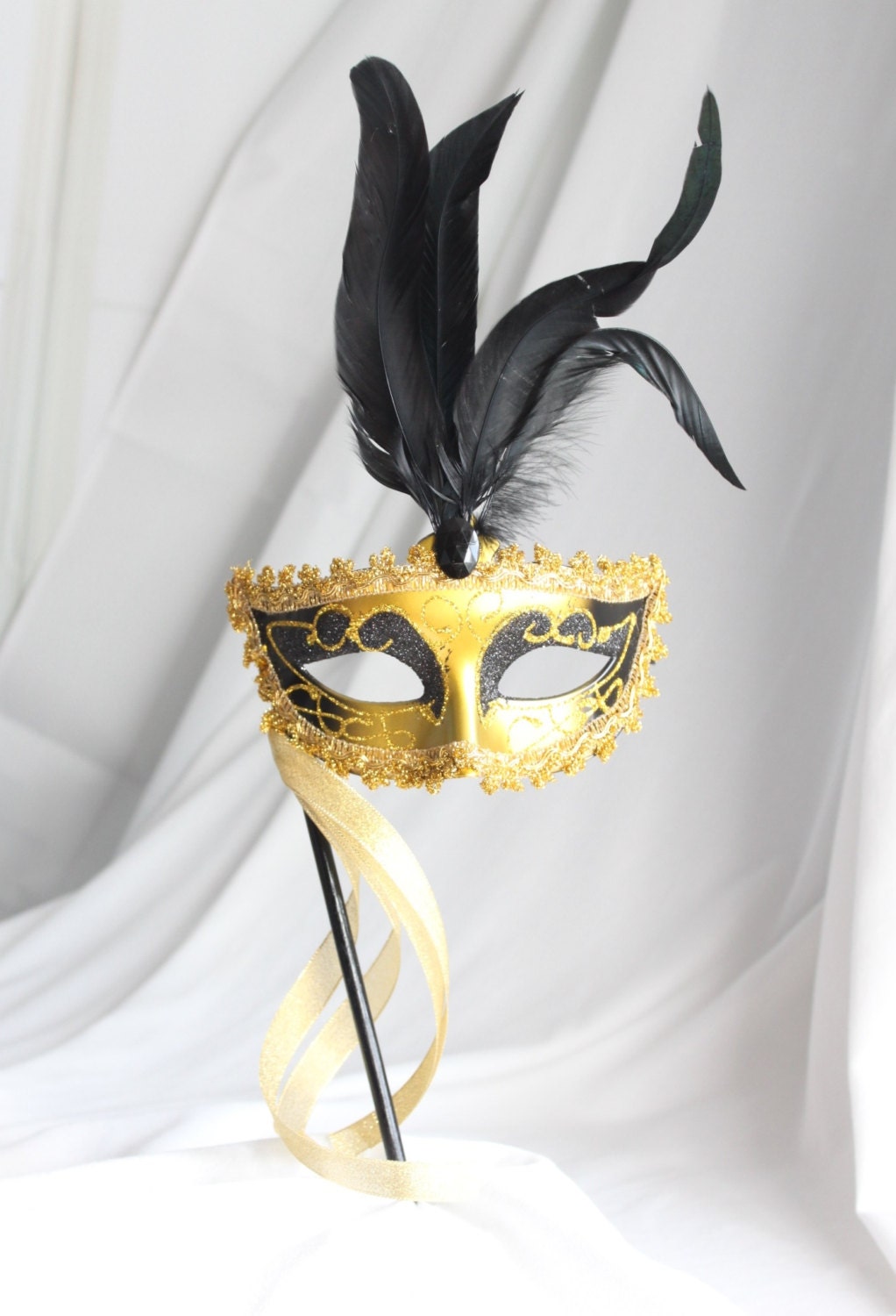 Masquerade Mask with handle Gold and Black Costume