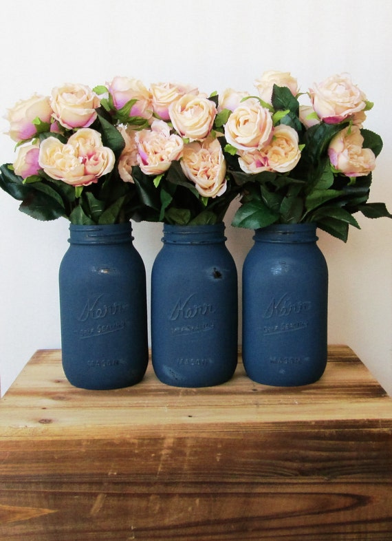 Navy Blue Painted Mason Jars / Quart Blue by WhimsyCharmBoutique