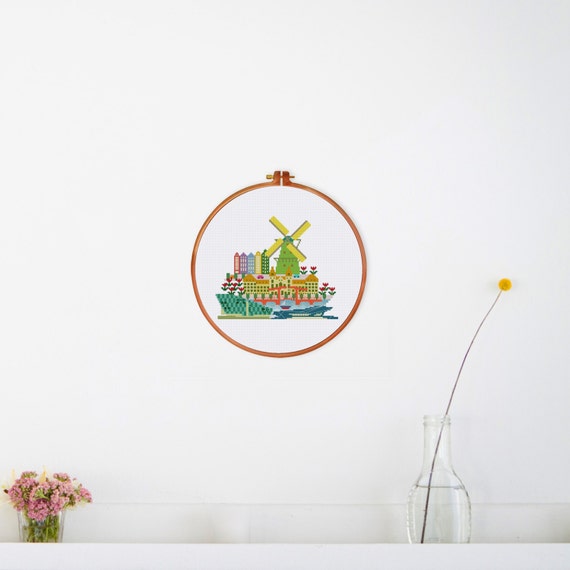 Cute Amsterdam cross stitch pattern Holland travel cross