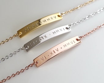 Delicate Roman Numeral Bracelet, Personalized Silver Bracelet, Christmas Gift, Bridesmaid Gift, Gold Bar Bracelet, Dainty Rose Gold Bracelet