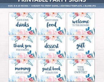 Baby shower signs, printable party decor, floral signs, includes EDITABLE template, couples baby shower ideas, floral decor, DIGITAL files