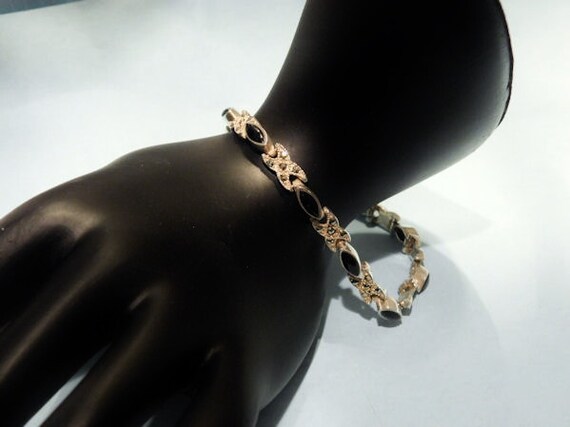 Vintage Black Onyx Marcasite Sterling Silver Bracelet Gold Wash Backdrop 925 Link Bracelet Black Gem Gemstone Artisan Hand Crafted Bracelet