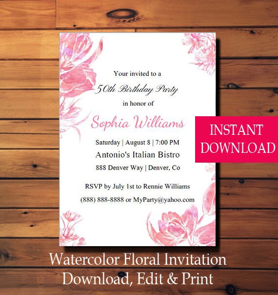 Printable Adult Birthday Invitation Floral Watercolor Adult