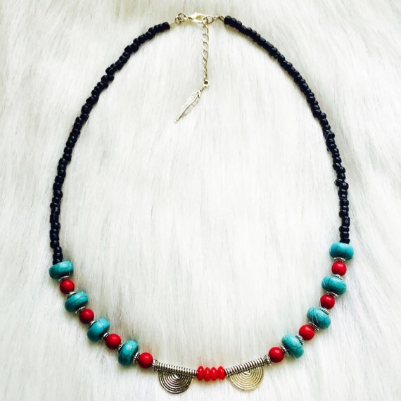 Necklace Beaded with Turquoise colored reconstituted stone