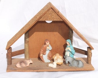 Vintage Christmas Nativity Scene Set Wood Stable Made in Japan