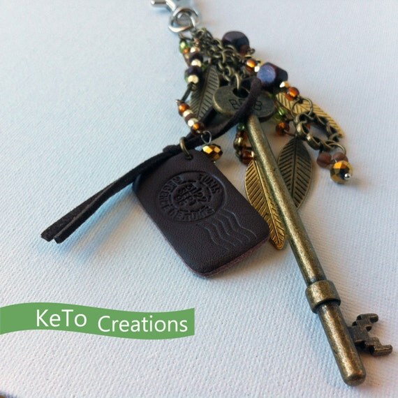 Brass Skeleton Key Purse Charm, Antique Look, Earth Tones Key Fob with Feathers To Personalize Your Bag