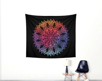 Black Wall Tapestry. Colourful Mandala. Mandala Tapestry. Bohemian Tapestry. Wall Hanging Tapestry. Boho Home Decor. For Her.