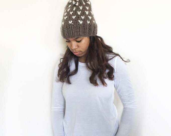 Knit Slouchy Beanie Hat with Pom Pom//THE TUMBLEWEED//Taupe and wheat