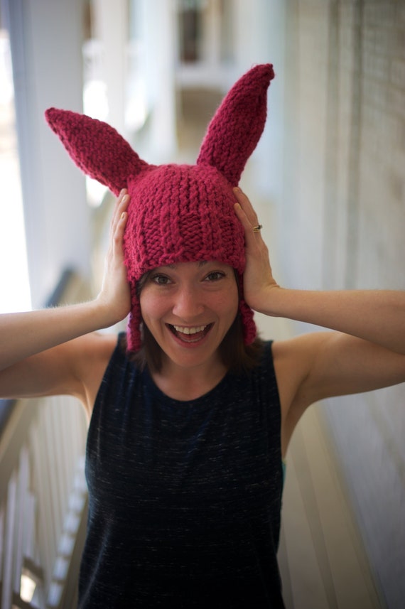Pink Bunny Ear Knit Hat INSPIRED BY Louise Belcher of by Binknits