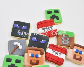 Minecraft sugar cookies - cute - minecraft party favor - birthday party - video game party- steve - creeper - TNT