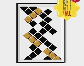 Gold foil print, black and white artwork, geometric wall art for living room, abstract art printable, scandinavian wall hanging, 8x10 print