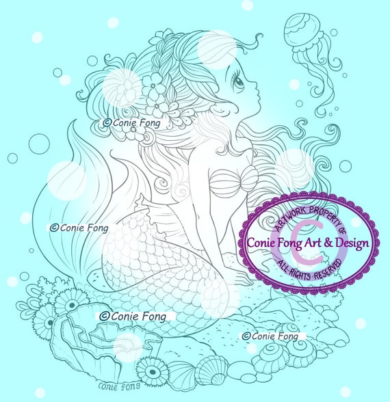 Digital Stamp, Digi Stamp, digistamp, Ariela Mermaid by Conie Fong, Coloring Page, mermaid, girl, fantasy, children