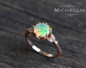 Vintage Opal Floral Engagement Ring with Diamond, Solid Gold Ethiopian Fire Opal Ring Set, Opal Promise Ring, Rose Gold Yellow White Gold