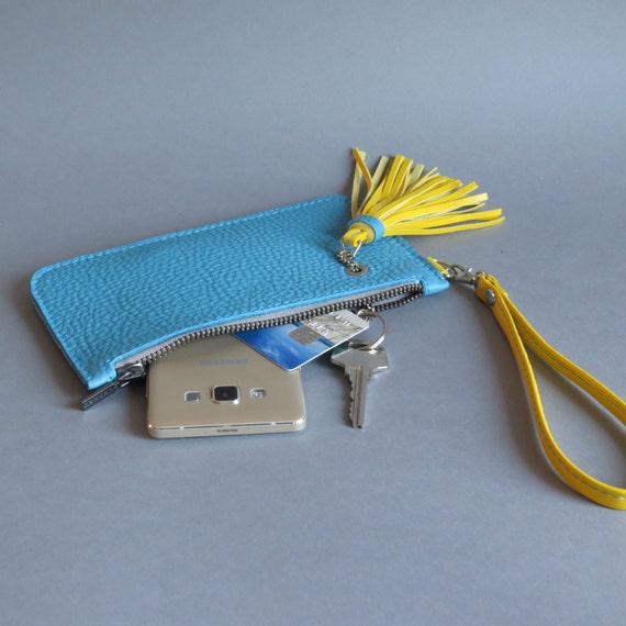 Turquoise leather phone pouch Key holder Leather key pouch