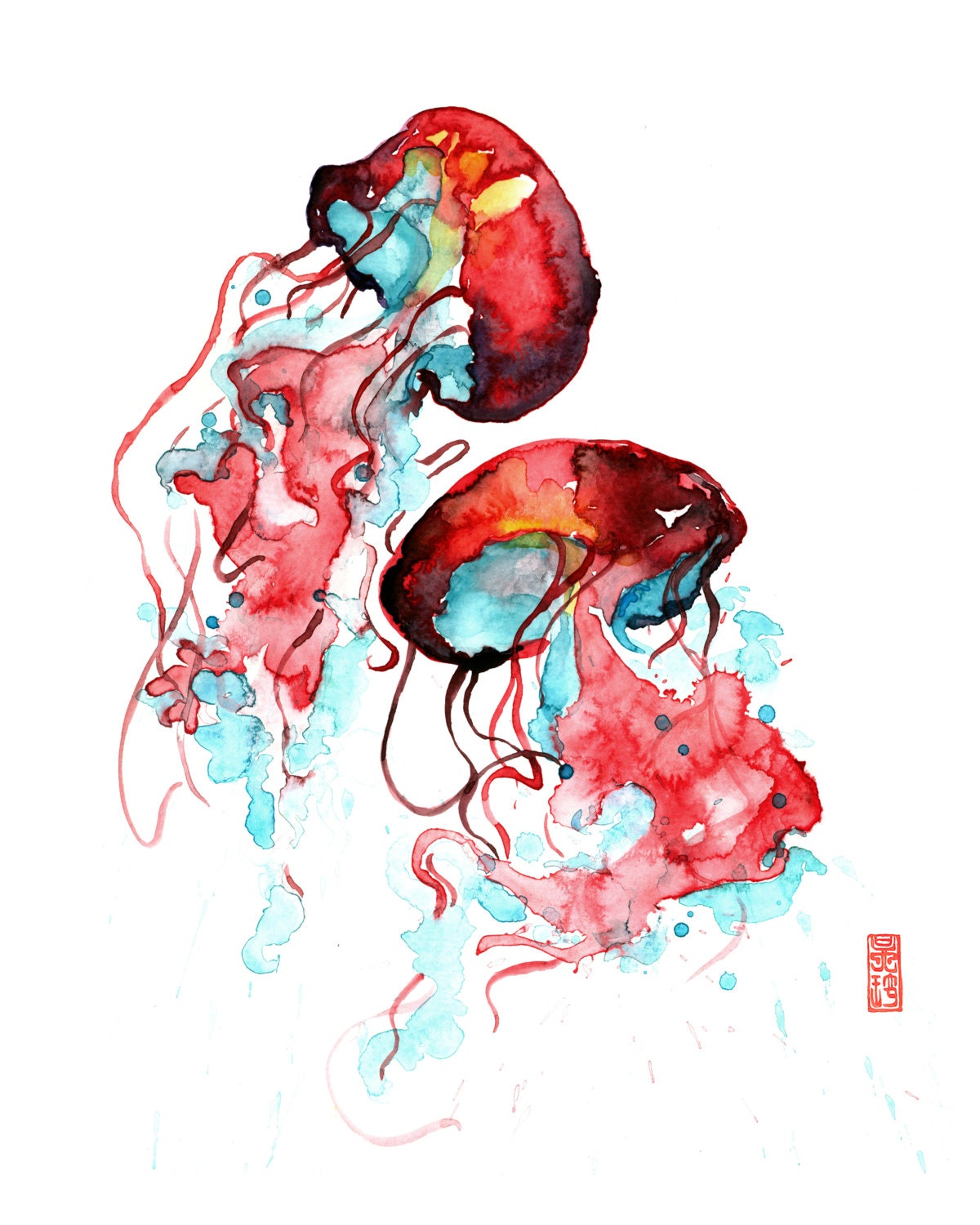 Jellyfish Watercolor Painting Fine Art Giclee Print / Marine