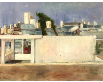 Oil paintings, cityscape, Urban landscape, Roofs, original building, wall art décor, pastel colors, Israel Art, original painting,blue sky
