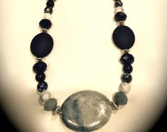 Grey and Black Stone Long Necklace with Silver Accents