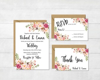 Floral Printable Boho Wedding Invitation Suite, Boho Wedding Invite, Floral Wedding Invite, Peonies Bohemian Wedding Invite, Download, 110-W