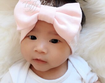 Baby headband with bow - CHOOSE color | Cotton baby turban | stretch fabric headband | Newborn Big Bow Headband | TaffyPink Baby Headwrap