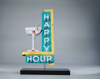 Happy Hour Neon sign cutout / vintage neon sign / cocktail sign / bar art / mid century modern sign / martini sign / neon sign photo / retro