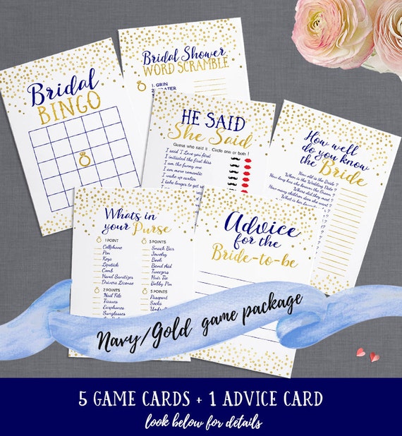 Navy & Gold Bridal Shower Printable Games Package - Includes Advice Card