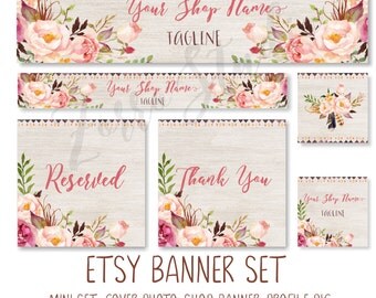 Rustic Etsy Banner Set Boho Floral Peonies Wooden Facebook Timeline Cover Business Card Premade banner, Store Graphics, Branding - EB17