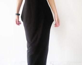 Oversized Loose Fit Off the Shoulder Maxi Dress/Elegant Plus size Women's Long Dress/Minimalistic Stylish Black Dress with High Collar