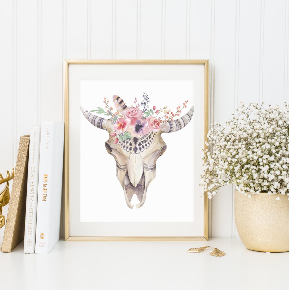 Bohemian Bull Skull Printable Boho Art 8X10 Print Instant